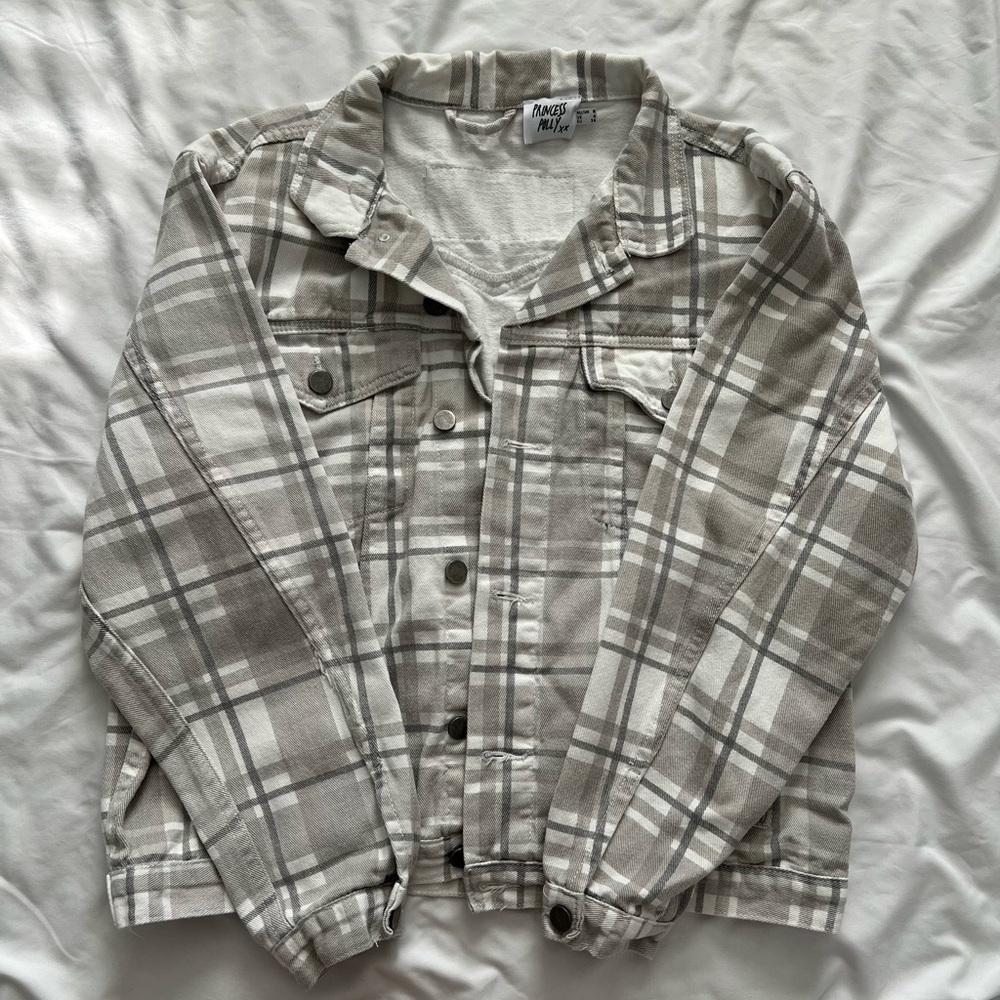 Princess Polly Neutral Plaid Shacket in Beige and White